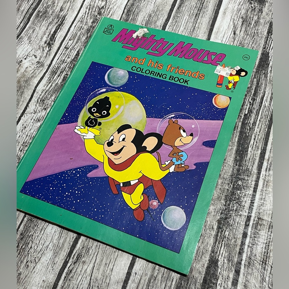 VINTAGE 1983 Mighty Mouse Coloring Book, some pages colored, many not, guc